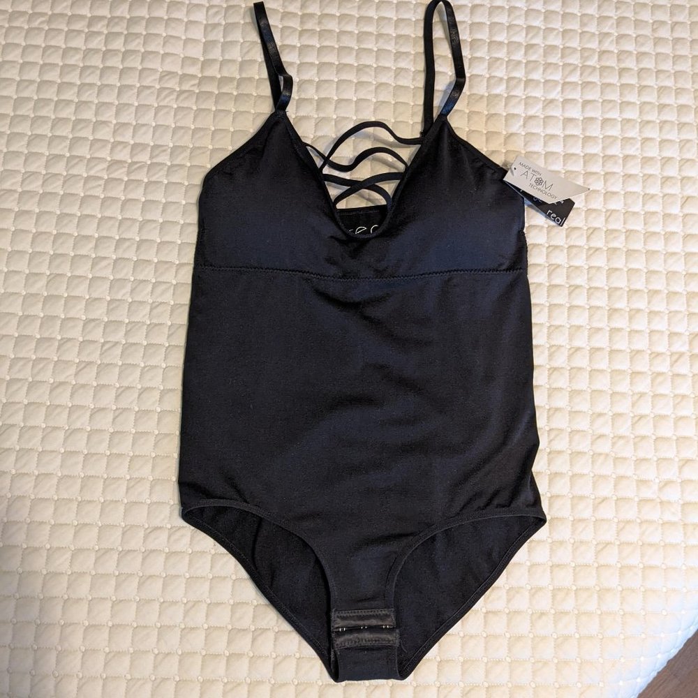 REAL Essentials Wire Free Padded Cups Intimate Black Bodysuit - size L NWT